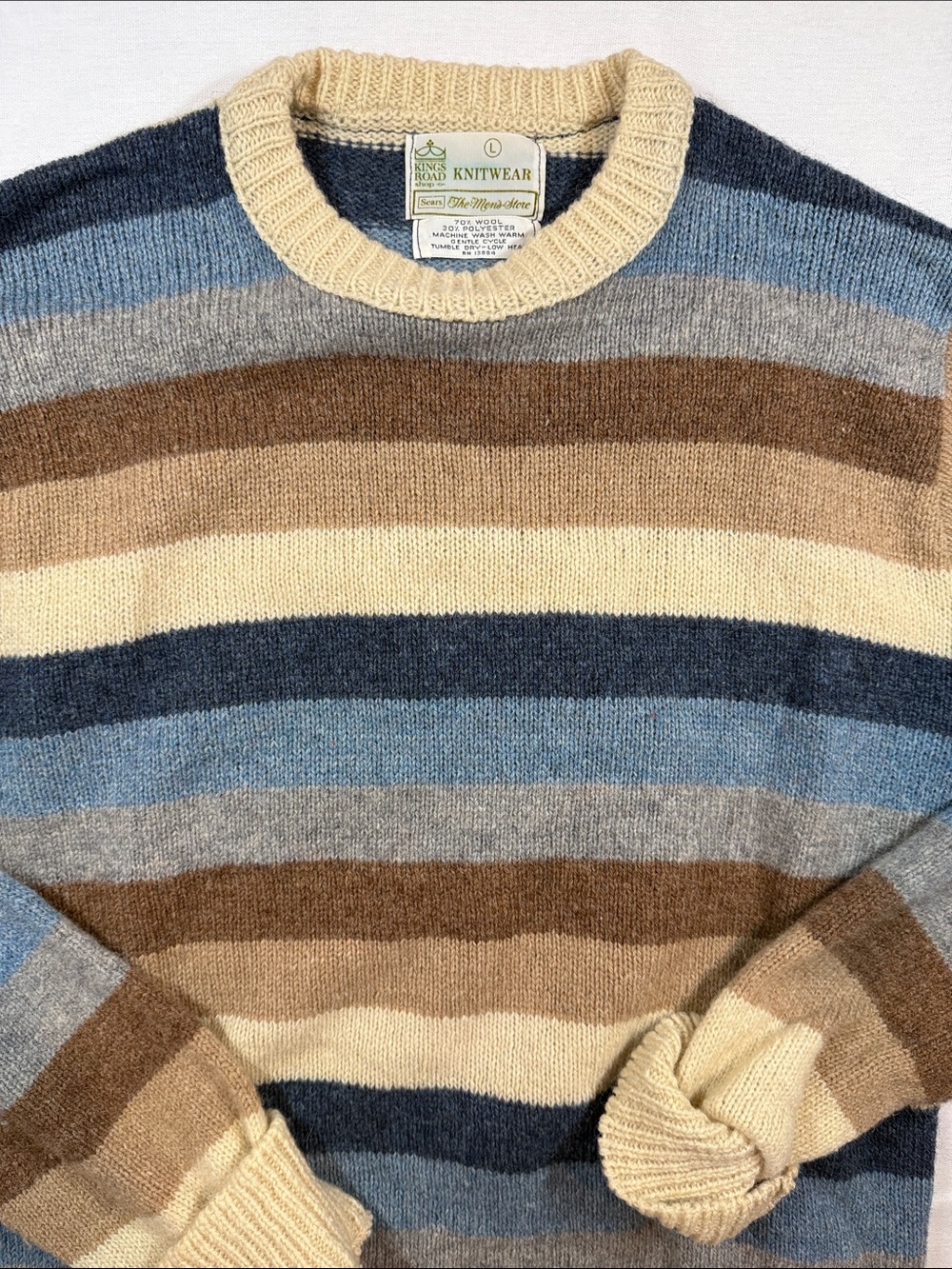 Kings Road Sears Vintage Knitwear 70s Striped Wool Crewneck Sweater L
